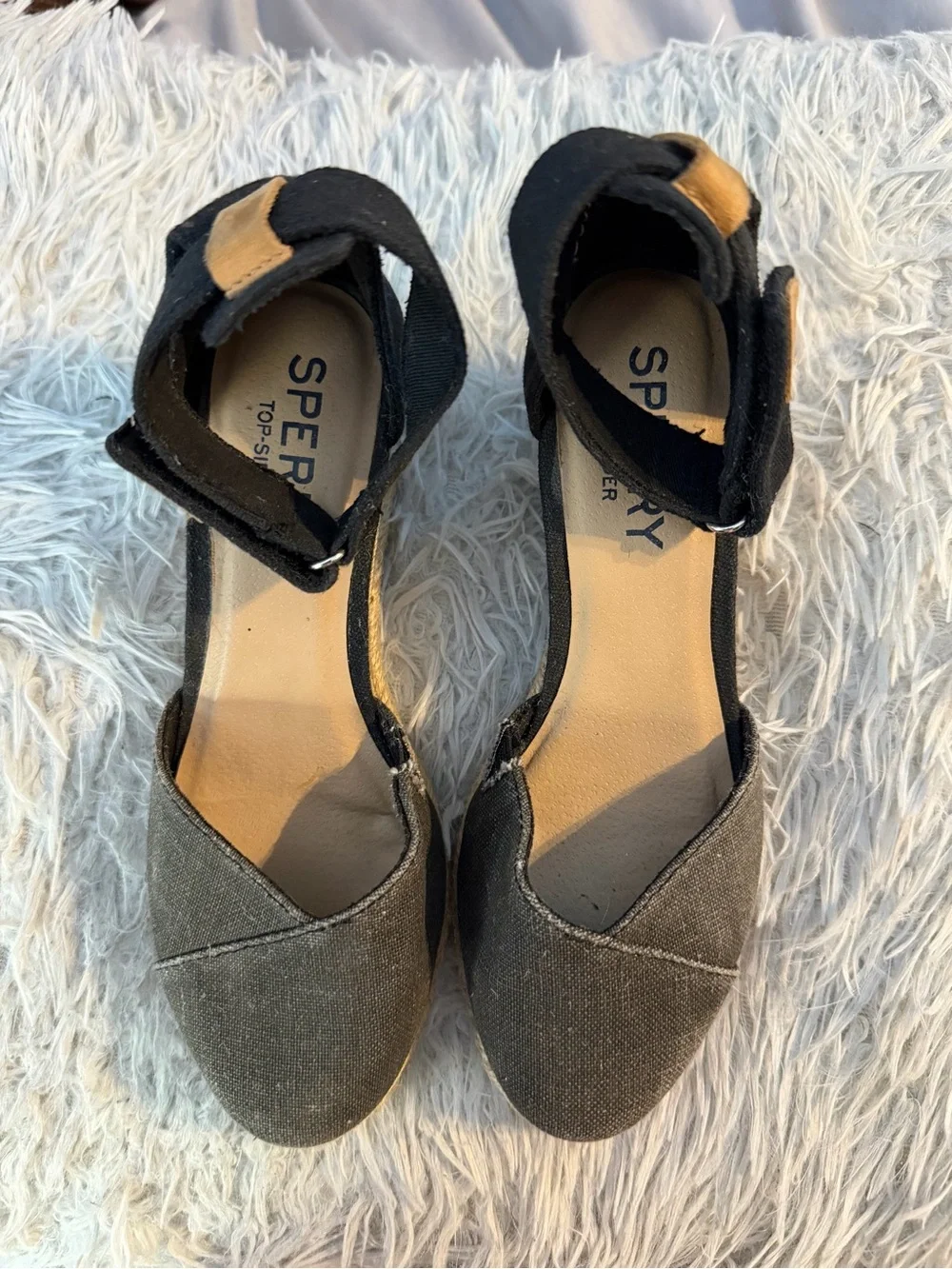 Sperry Black Canvas Espadrille Wedge Sandals with Ankle Strap